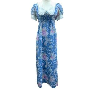 UNIQUE Vintage Prairie Boho Peasant Dress Peter Pan Collar Puff Sleeves Floral